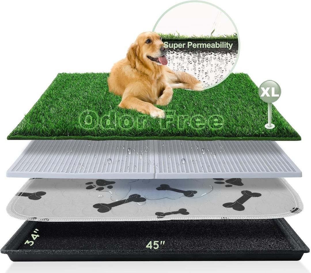 HQ4US 4LEGS Dog Grass Pad with Tray Extra Large 4534 Ultra-Absorbent Artificial Grass Pad for Dogs Potty Grass Hemmed Edge for Indoor Potty Training, Reusable Dogs Pee Pads, Dog Litter Box Balcony