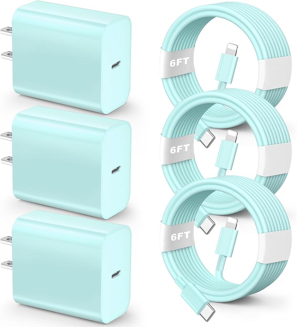 for iPhone Fast ChargerMFi Certified 3 Pack 20W PD USB C Wall Charger Adapter with 6FT USB C to ightning Cord Fast Charging Cable Compatible with iPhone 14/13/12/11/Pro/Pro Max/Xs/Xr/X, Blue
