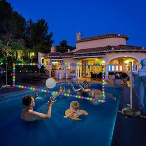 Oswerpon Pool Volleyball Net Set with LED Lights, 15-32FT Width Adjustable