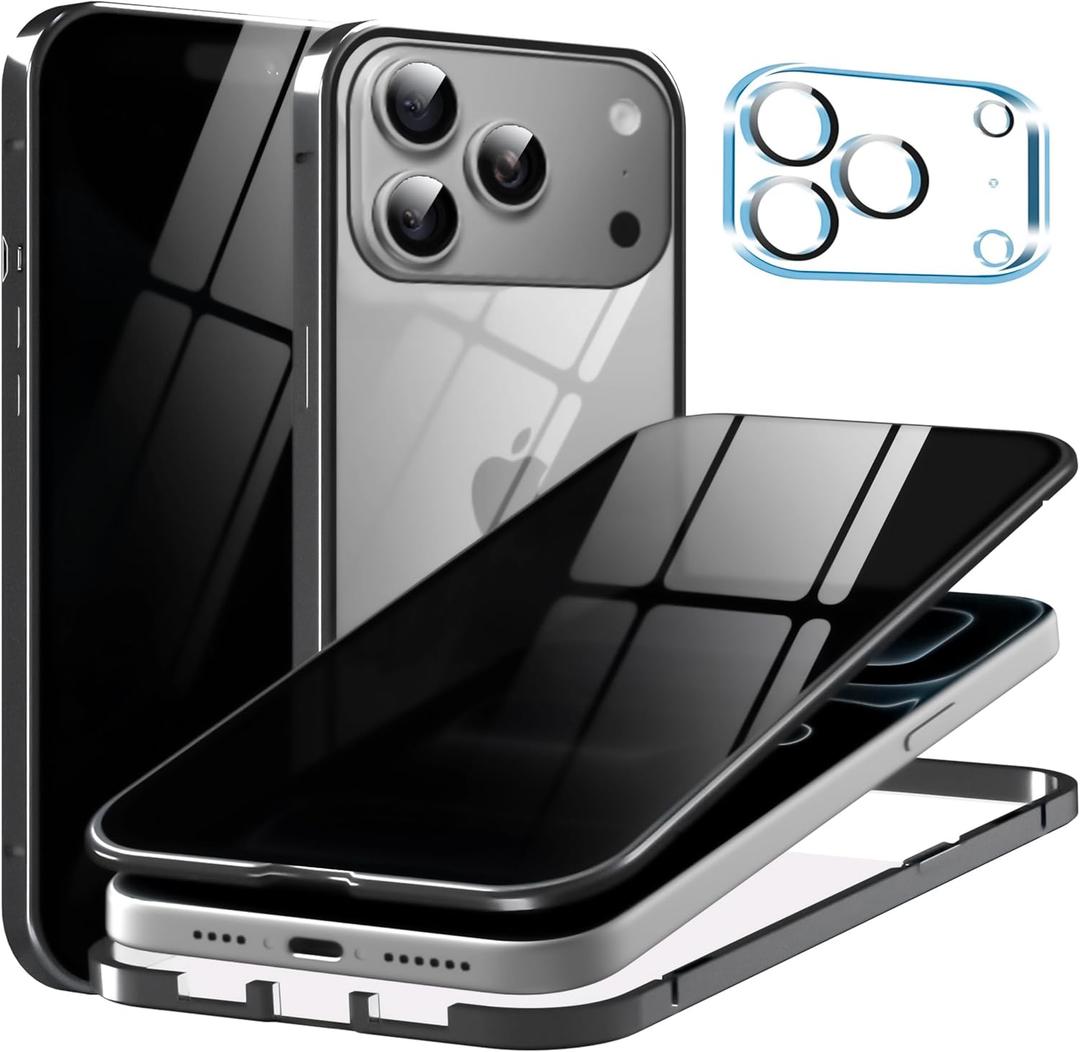 Metal Titanium Privacy Case for iPhone 17 Pro Max, Built-in Privacy Screen Protector & Camera Lens Protector, Magnetic Adsorption Double Sided Tempered Glass Anti Peep Anti Spy Cover for Men Women
