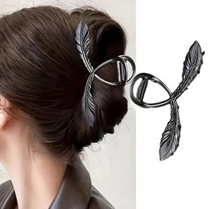 Feather Metal Hair Clips, 4.5Inch Elegant Alloy Hair Claw Clips for Thin & Thick Hair Accessories, Nonslip Ponytail Holder for Women and Girls (Black Feather)