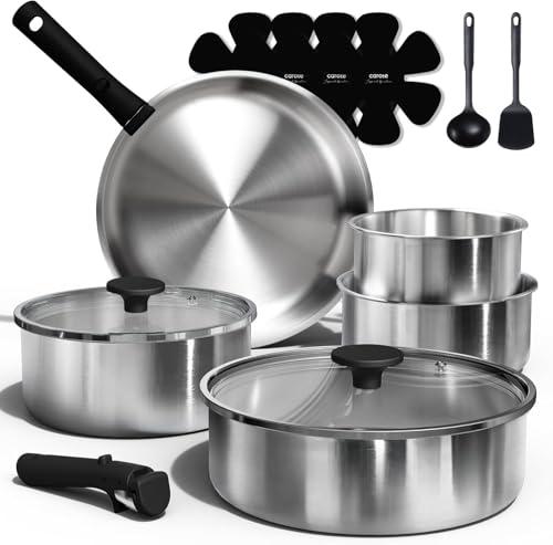 CAROTE Pots and Pans Set, Stainless Steel Cookware Set Detachable Handle, Induction Kitchen Cookware Sets with Removable Handle, RV Cookware Set, Oven Safe