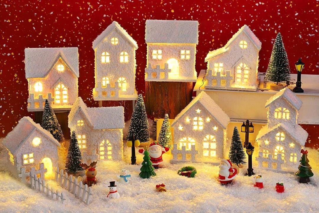 Fovths 35 Pieces Christmas Village Sets Lighted LED Village Houses Accessories with Artificial Fake Snow and Mini Figurine Desktop Ornament Winter Village Buildings for Christmas Home Table Decor