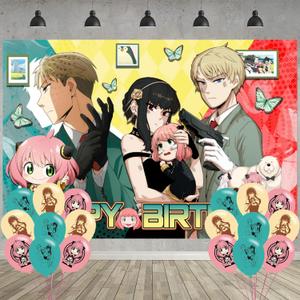 Spy Family Birthday Party Decoration,Anime Party Photo Background 5 x 3 FT and 18 Pcs Balloon,Anime Merch Party Backdrop Supplies