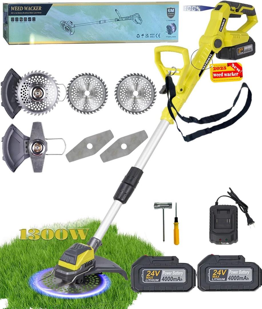 Electric Weed Wacker Cordless Eater Battery Powered Brushless Brush Cutter with 2X4.0Ah Batteries and Charger 24V Powerful Weed Trimmer 2 Types Metal Blades for Lawn Yard Garden (Green)