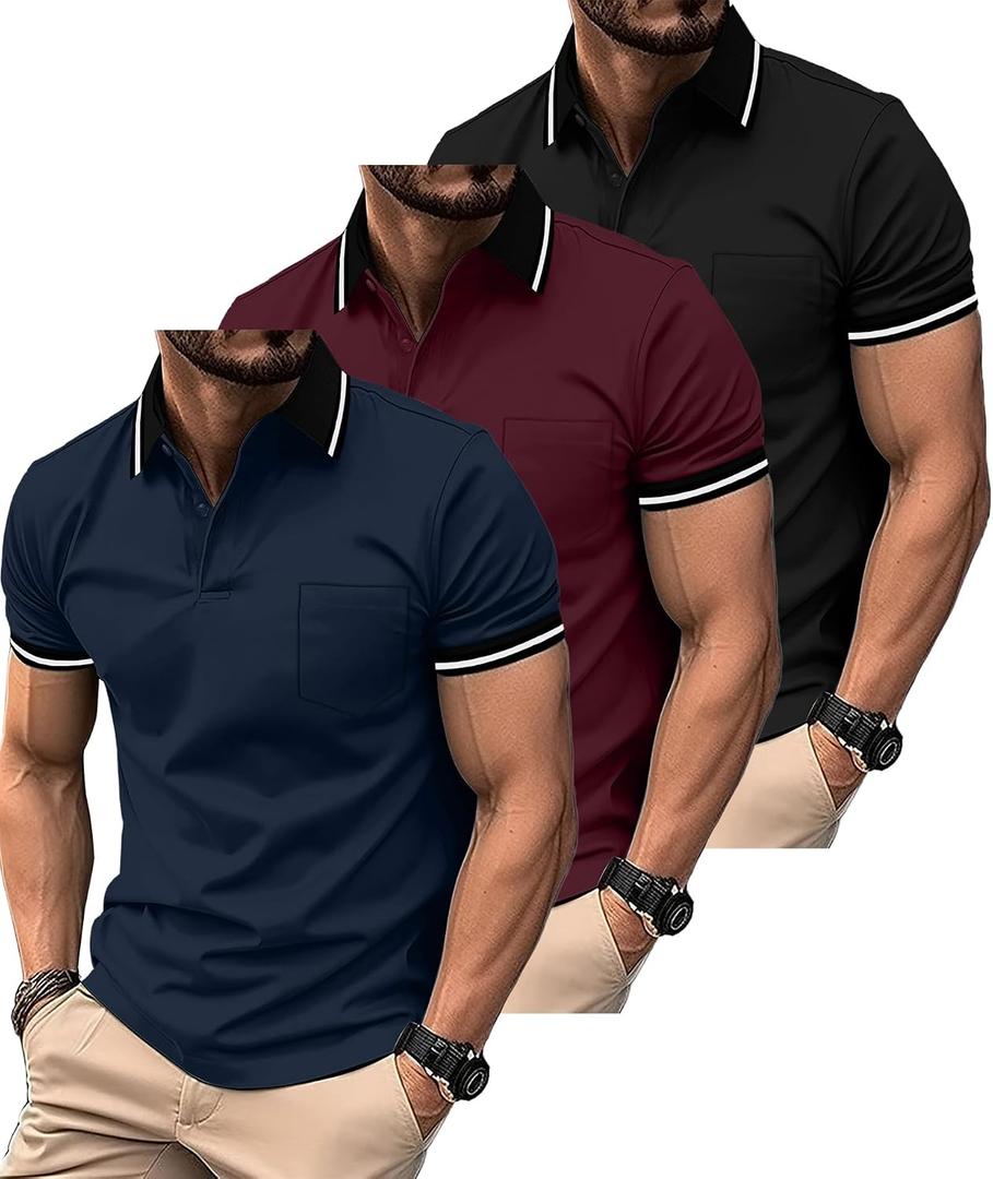 ZITY 3 Pack Men Polo Shirts Short Sleeve with Pocket Sport Wicking Shirts for Men Casual Athletic Collared T-Shirts (XL)