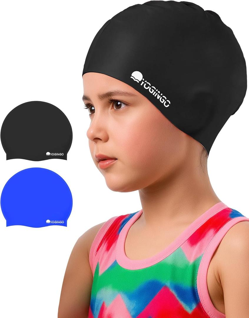 2 Pack Swim Cap Kids - Swimming Cap for Long&Short Hair - Silicone Swim Caps for Girls&Boys, Swim Cap for Kids 3-15, Keep Hair Dry (Medium(age 3-8), Black & Blue)