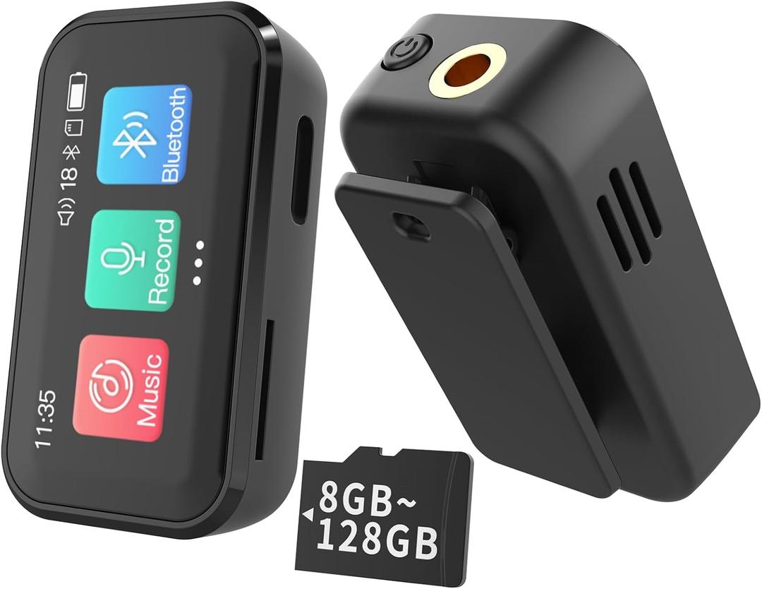 MP3 Player with Bluetooth, Portable Digital Lossless 32G Music Player with Built-in Speaker, 1.47 in Full Touch Screen, Digital Voice Recorder, E-Book, FM Radio, Mini Back Clip Design (Black)