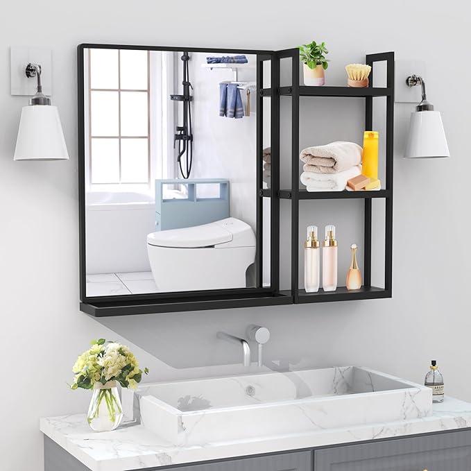 Bathroom Mirror with Shelf for Wall, 31 x 24.4 Inch Modern Rectangle Wall Mirror for Bathroom, Black Metal Framed Bathroom Vanity for Over Sink, Entrance Bathroom Mirror with Shelf for Wall, 31 x 24.4 Inch Modern Rectangle Wall Mirror for Bathroom, Black Metal Framed Bathroom Vanity for Over Sink, Entrance