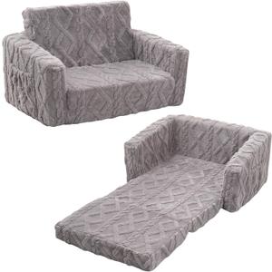 Toddler Couch for Kids – 2-in-1 Fold Out Sofa and Lounger, Soft Flannel Convertible Chair, Flip Open Kids Couch (Grey)
