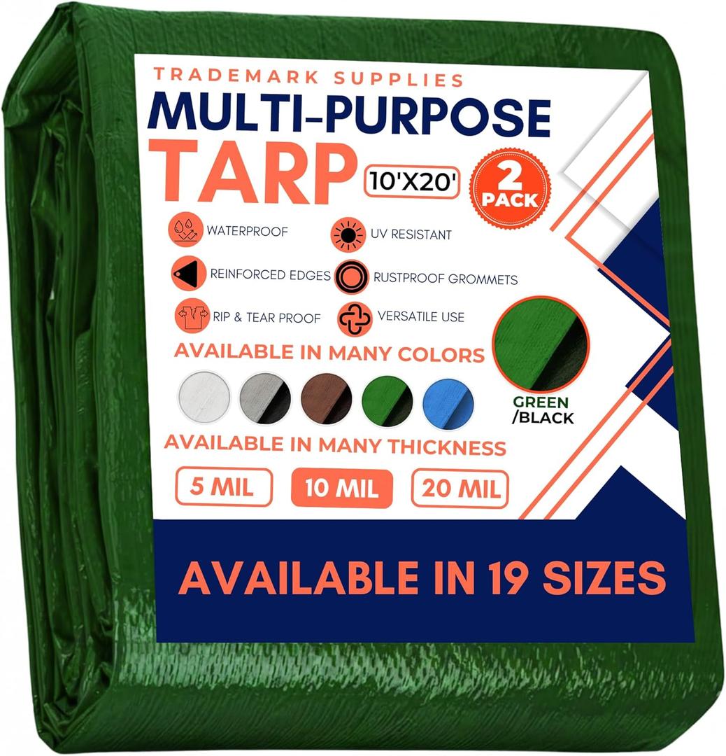 Large Waterproof Tarp - Heavy Duty 10 Mil Thick Poly Tarpaulin Ideal for Canopy Tents, Boats, RV or Pool Covers - Multipurpose Protective Tarps with Grommets for Indoor, Outdoor Use | 10' x 20' 2 Pack (Green-medium Weight Protection)