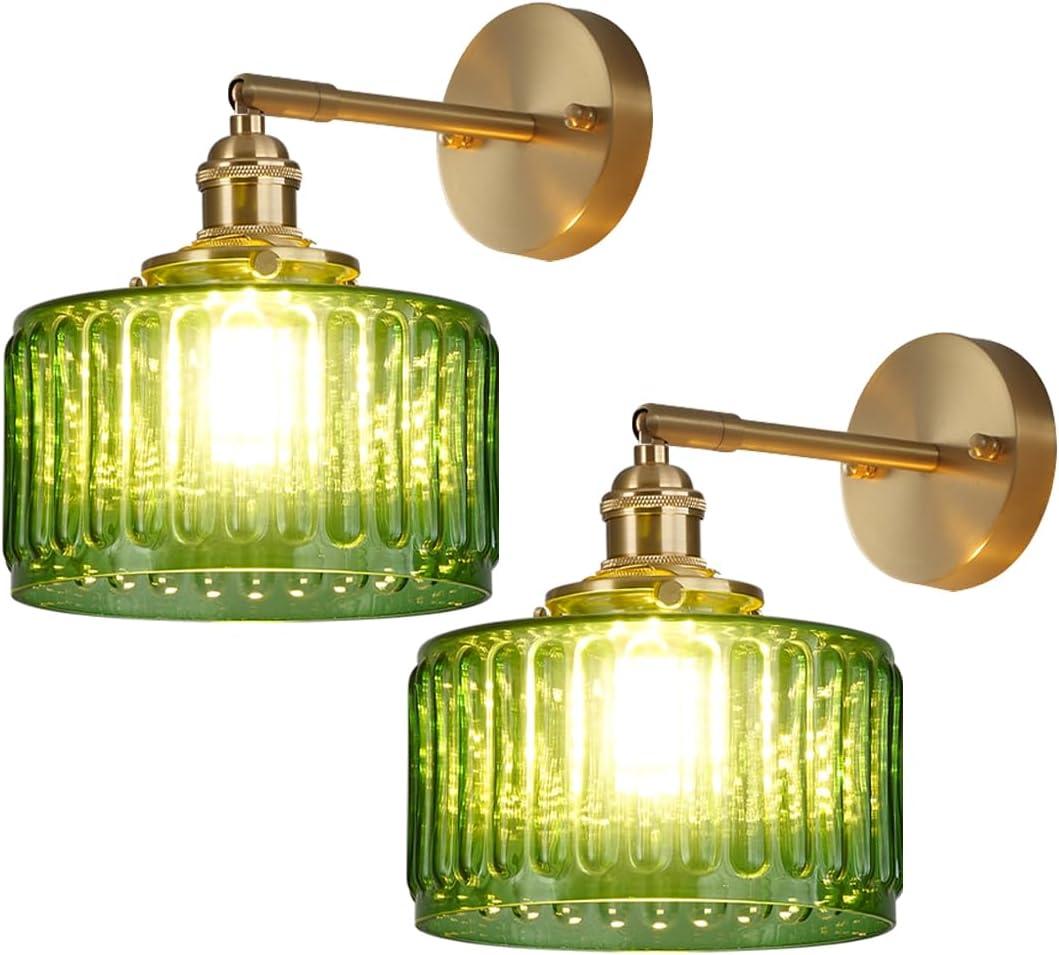 Qufute 2-Pack Glass Wall Sconce Light Green Striped Glass Mid Century Modern Wall Light Fixtures Gold Vintage Bathroom Vanity Lamp Swing arm Wall Lighting for Over Mirror Bedroom Hallway