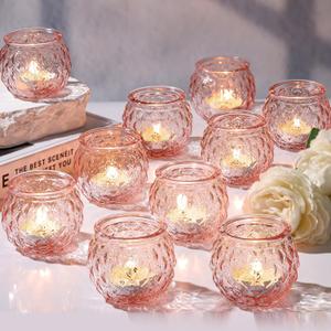 Pink Votive Candle Holders Set of 24- Round Glass Candle Holders Bulk for Flameless LED Tea Waxes, Romantic Candle Holder for Wedding & Home Table Decor, Various Parties