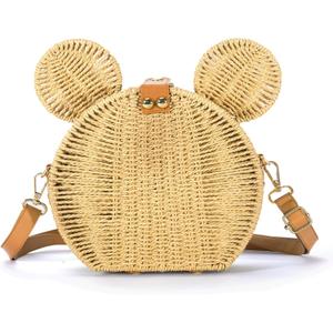 Round Rattan Straw Bag Purse for Women Handmade Cute Mouse Ear Wicker Woven Purse Crossbody Shoulder Bag Handbag (Khaki)