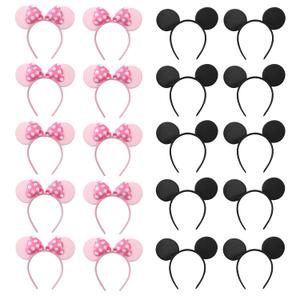 NEWTGAN 20 PCS Mouse Ears Headbands for Birthday Party Theme Park Costume Play Celebration for Boys and Girls (black,pink) (pink black)