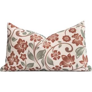 Crumbs Home Modern Farmhouse Fall Linen Indoor Outdoor Lumbar Pillow Cover Only, 12"x20" Water Repellent for Patio, Backyard, Couch, Brown and Oliver Green Floral
