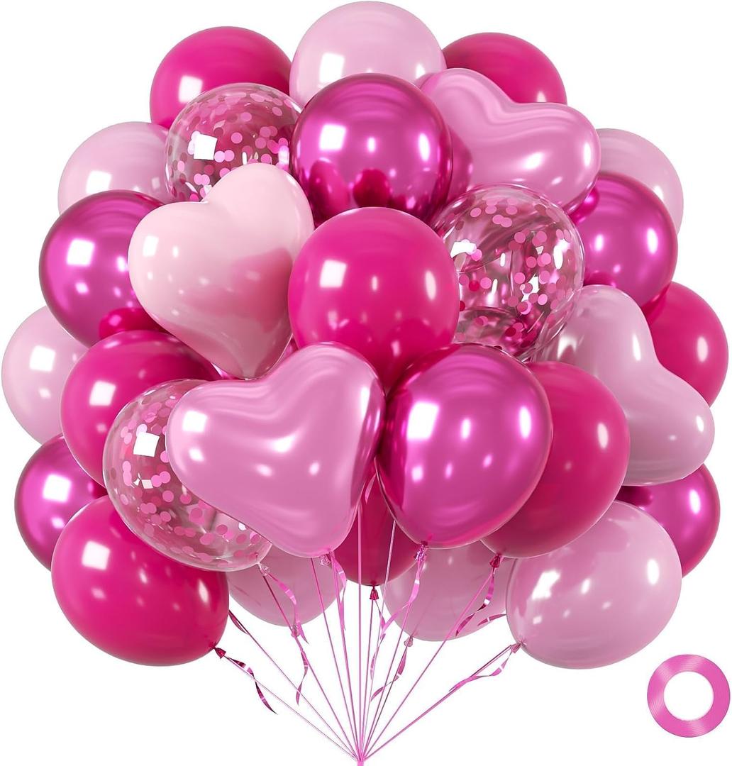 60pcs Pink Balloons 12inch, Metallic Hot Pink Confetti Balloon for Valentines Day Wedding Bridal Shower Birthday Party Decorations
