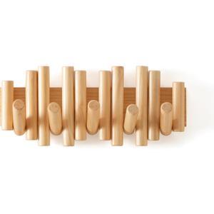 Wooden Wall mounted wood coat rack | 15 inches long , 6.5" high, with 5 Flip-Down Hooks | Modern Natural Pine Wood Finish | Decorative Hanging Storage Wall Hooks for Entryway or Bedroom