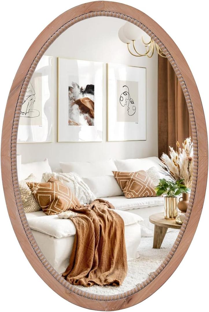 sawsile Oval Wood Mirror,20x30 inch Rustic Farmhouse Natural Wooden Frame Boho Beads Wall Mirror for Bathroom,Living Room,Bedroom or Entryway