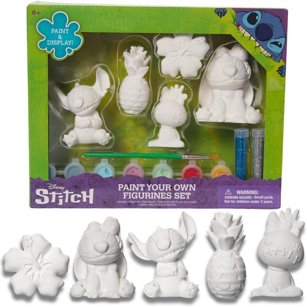 Disney Stitch DIY Paint Your Own Figurines Arts and Crafts Set for Kids, Paint, Paint Brush, and Glitter