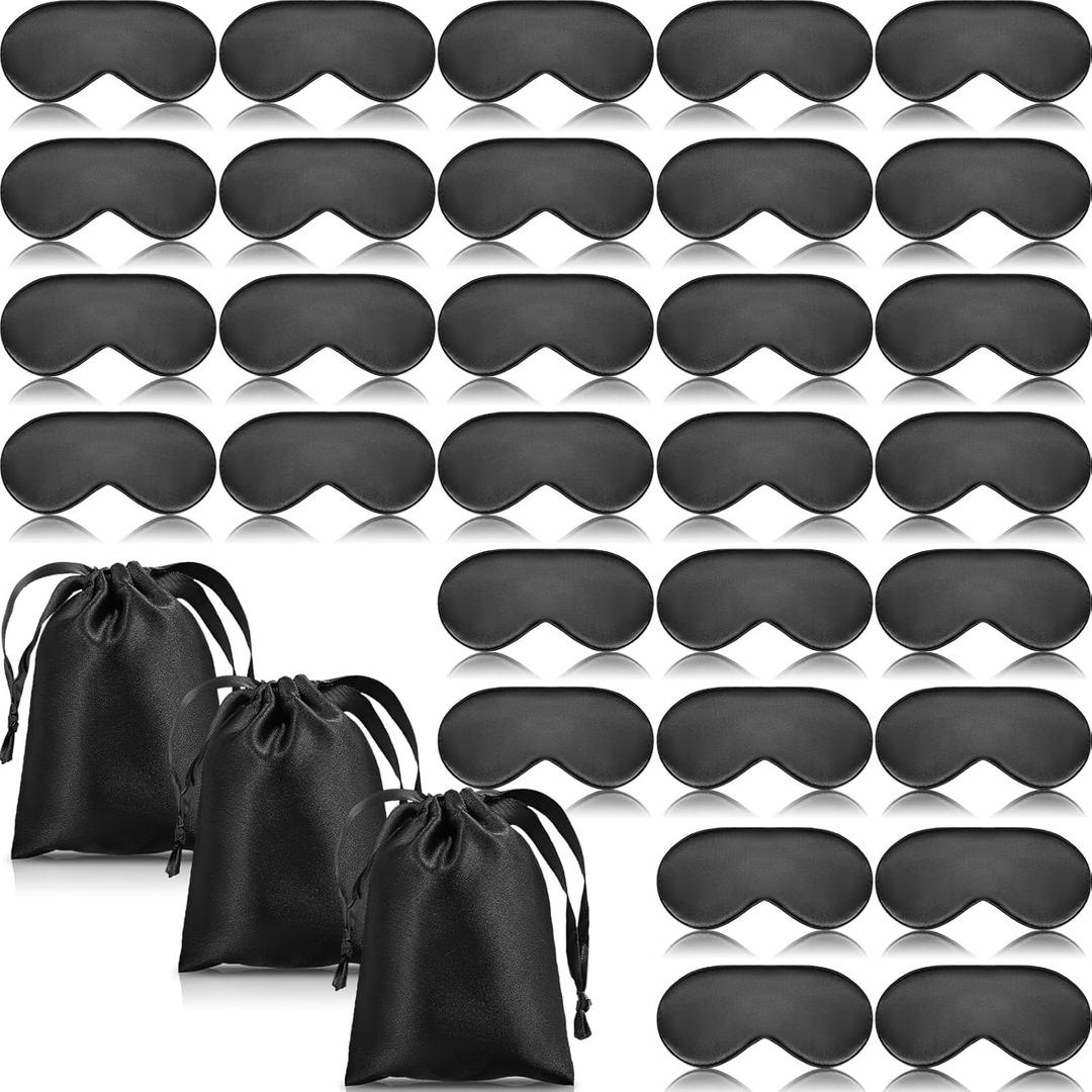 30 Pc Silk Sleep Mask Silk Eye Mask with Adjustable Strap Eye Cover for Sleeping Blindfold for Women Men Travel Rest, Black