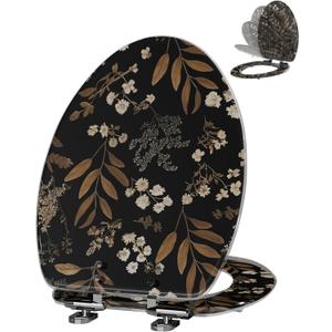 Angol Shiold ELONGATED Resin Toilet Seat Soft Close Black Floral18.5" | Quick Release Heavy Duty Acrylic Decorative Toilet Seats Easy to Install&Clean (Black Floral)