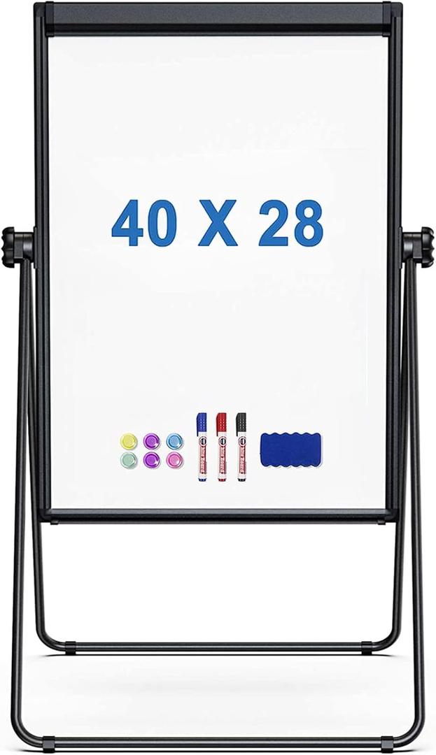 Portable White Board Easel, 40 x 28 inches Dry Erase Board with Stand, Height Adjustable Magnetic Double Sided, Flip Chart Easel for Classroo, Presentation, Painting, Black
