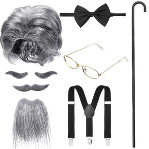 WILLBOND 8 Pcs Old Man Costume, Old Man Wig, Cane Glasses Faux Eyebrows Mustache Suspenders Bow Tie for Grandpa Cosplay (Dark Gray)