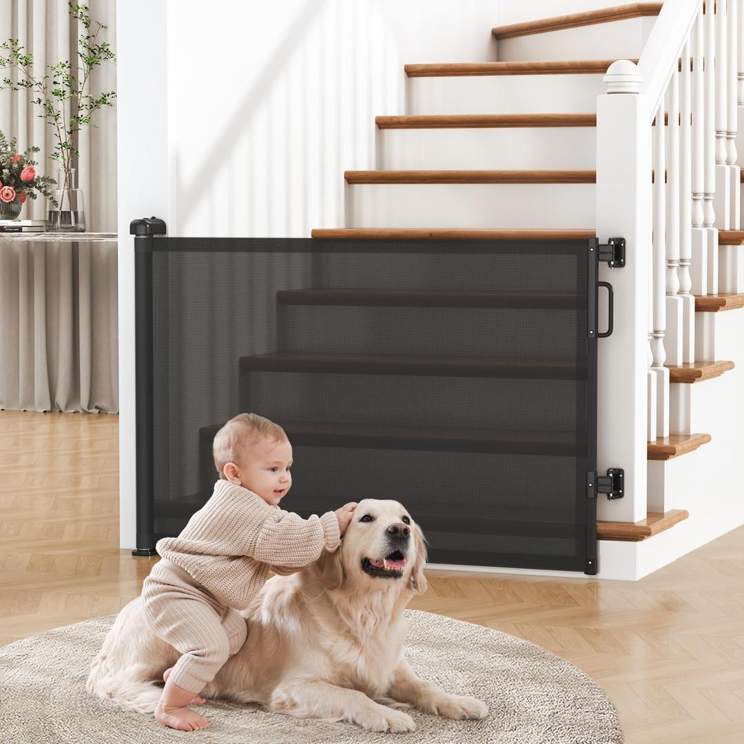 Retractable Baby Gate for Stairs & Doorways, Dog Gate Indoor Outdoor
Extends to 55" Wide 34" Tall Mesh Child Gate for Hallways, Deck, Porch, Pet Toddler Safety Essentials, Easy Install, Black