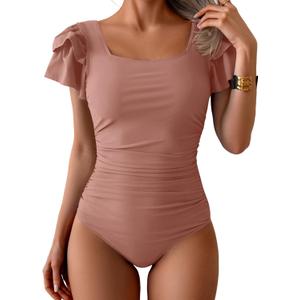 Eomenie Women's Tummy Control One Piece Swimsuit Ruffle Square Neck Bathing Suit Ruched Cutout Back Slimming Swimwear (X-Large, Bean Pink)