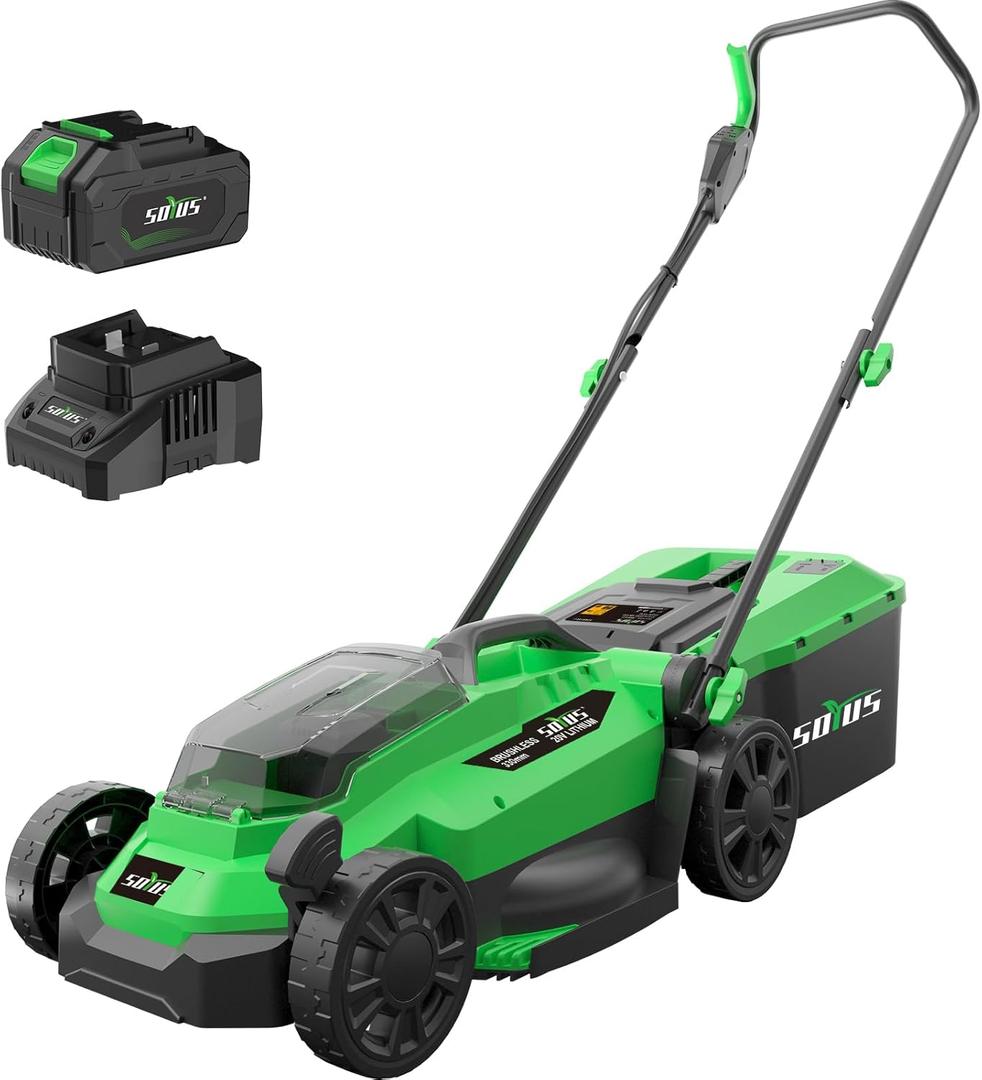SOYUS Electric Lawn Mower Cordless, 13 Inch 20V Lawn Mowers with Brushless Motor, 2-in-1 Lawn Mower, 5-Position Height Adjustment, 4.0Ah Battery & Charger Included