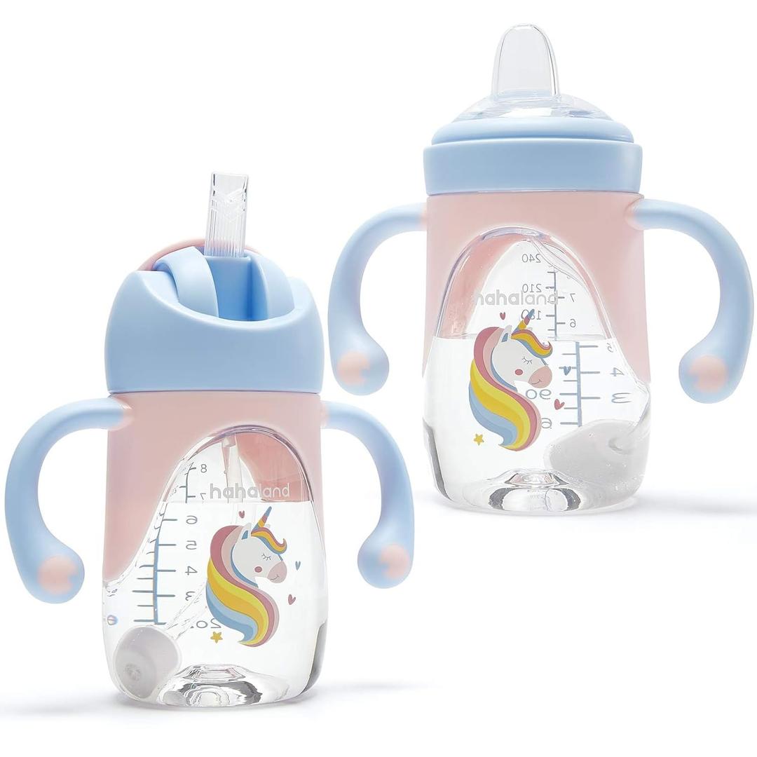 Hahaland Sippy Cups for Baby 6-12 Months - 2 in 1 Spout & Straw Unicorns Sippy Cups for Toddlers 1-3 No Spill Transition Weighted Straw Cup (1 Cup with 2 Nipples) Baby First Christmas Gifts