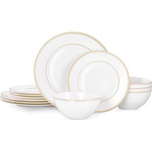 KINGSTONE Bone China Dinnerware Set, 12-Piece Dishes Set for 4, Elegant Gold Trim Ceramic Plates & Bowls, Lightweight Translucent Dishware for Home Dining, Festival Banquet, Party & Gift