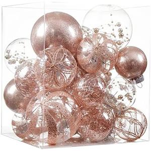 Clear Christmas Ball Ornaments,20ct Shatterproof Plastic Decorative Christmas Ornaments Hanging Xmas Tree Baubles Set with Stuffed Delicate Glittering Decorations for Holiday Party Decor(Rose Gold)