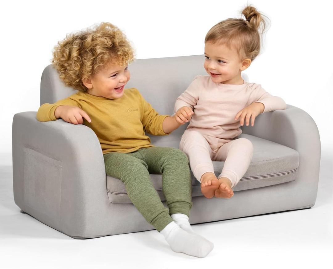 3-in-1 Extra Wide Convertible Kids Couch, Flip Open Toddler Couch to Lounger, Comfy Toddler Chair, Machine-Washable Kids Sofa for Girls, Kid Sofa Bed for Fun Playtime or Comfy Lounging, Gray