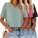 Ficerd Pack of 2 Cotton Women's V Neck Crop Tops Half Sleeve Drop Shoulder Basics Cropped Top Boxy Tees for Girls (M, Blue, Black)