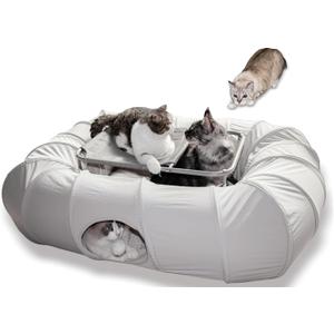 XxingSheep 2-Tier Cat Tunnel & Hammock Bed XXL, 4 Cave Shuttle with Elevated for Multiple Cats Toy Light Grey (Extra Extra Large)