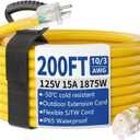 200ft Outdoor/Indoor Extension Cord with Lighted 10/3 Gauge Ultra 3 Prong Heavy Duty SJTW, Waterproof, Flexible Cold-Resistant,15A 125V 1875W, Yellow