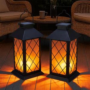 Solar Lanterns Outdoor Waterproof, 2 Pack 13" Metal & Glass Hanging Solar Lantern Lights, Cross Pattern IP46 Decorative Outdoor Solar Lanterns for Patio Table Yard Porch Garden Decor