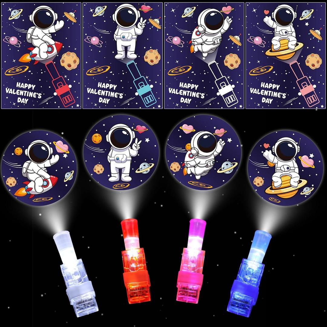 28 Pack Valentines Day Classroom Gifts for Kids - Valentines Day Cards with Space Astronaut Theme LED Finger Lights, Valentines Party Favors School Class Exchange Prizes for Boys Girls