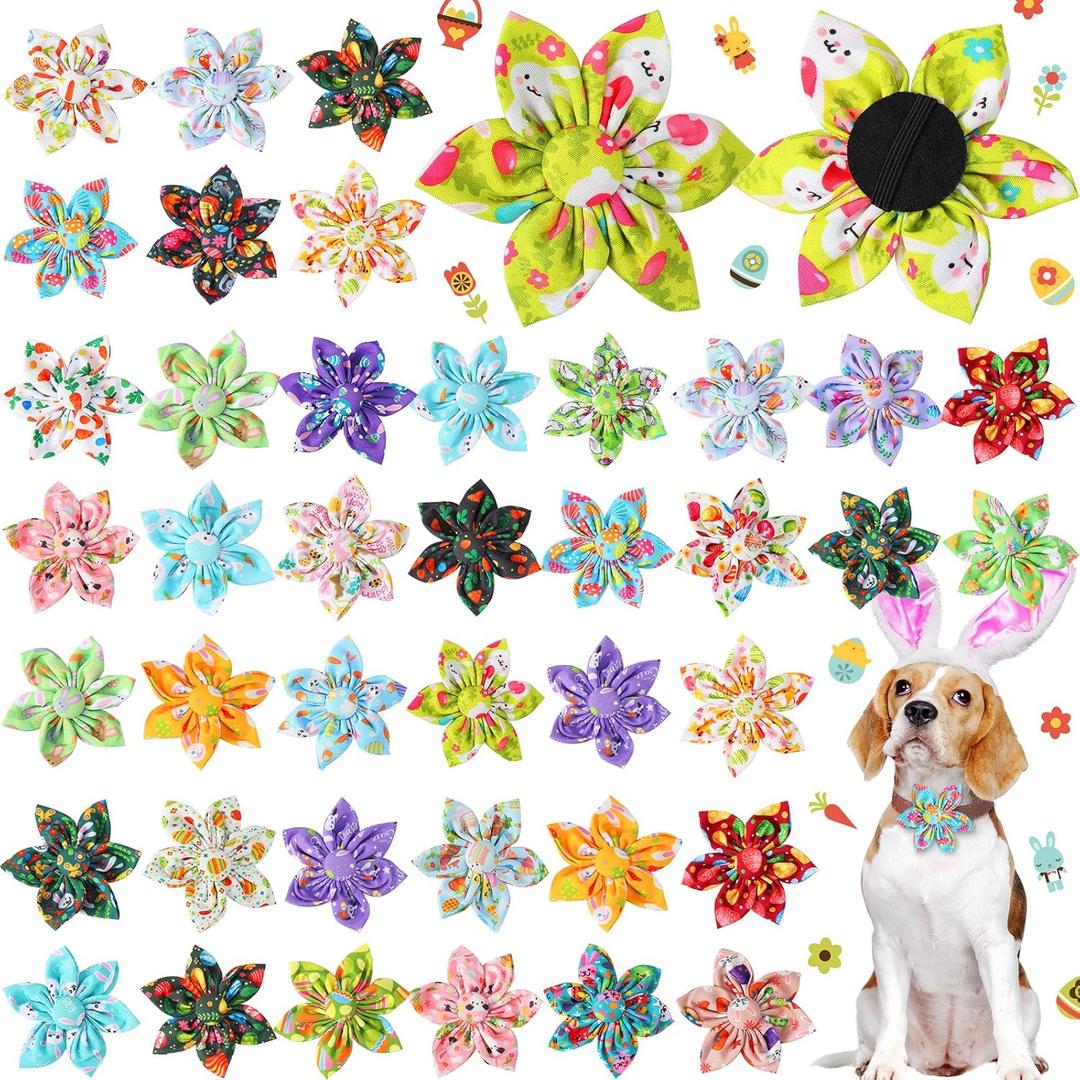 Jexine 60 Pieces Easter Dog Collar Flowers Bulk Colorful Bow Ties Rabbit Dog Charms Grooming for Accessories Small Medium Large Cat Puppy Collar Attachment