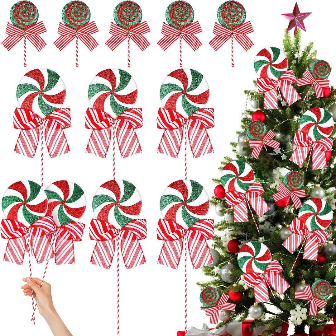 10 Pcs Large Candy Christmas Ornament Peppermint Candy and Lollipop Tree Picks Decoration 15'' Sweet Christmas Tree Toppers Ornaments for Xmas Home Party Decorations(Green Red,Classic Style)