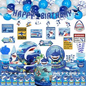 Mpanwen Shark Party Supplies, 216Pcs Shark Themed Birthday Party Decorations Decor - Banner, Paper Glasses, Balloons, Cake Toppers, Plates, Tablecloth, Hanging Swirls, Wall Signs Serves 16 Guests