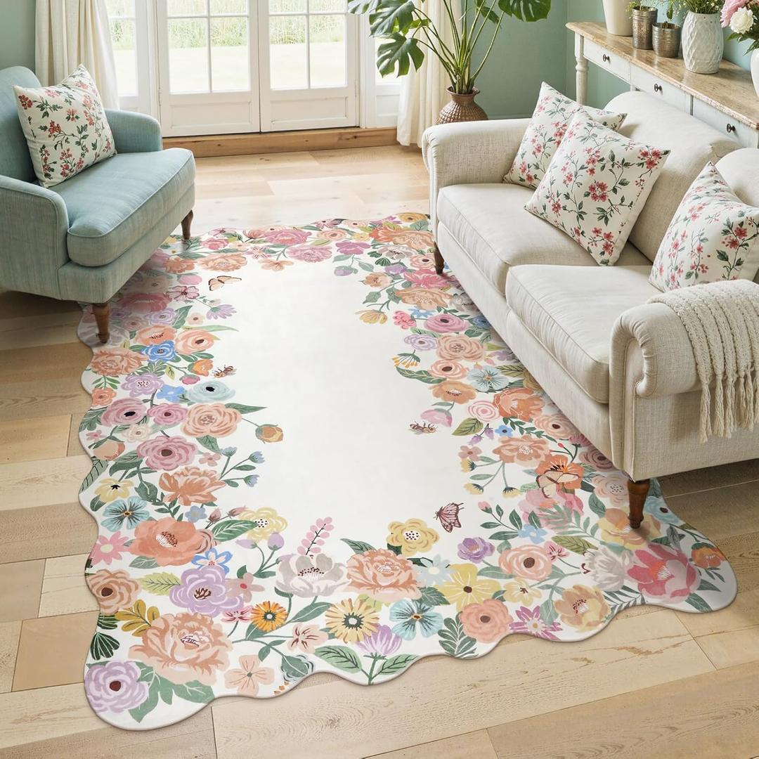 Wonnitar Washable 5x7 Area Rugs for Living Room, Camellia Floral Rugs for Bedroom Girls, Non-Slip Soft Flower Scalloped Rug Carpet for Kids Nursery Room Bedside Dorm Home Decor(Beige,5'x7')
