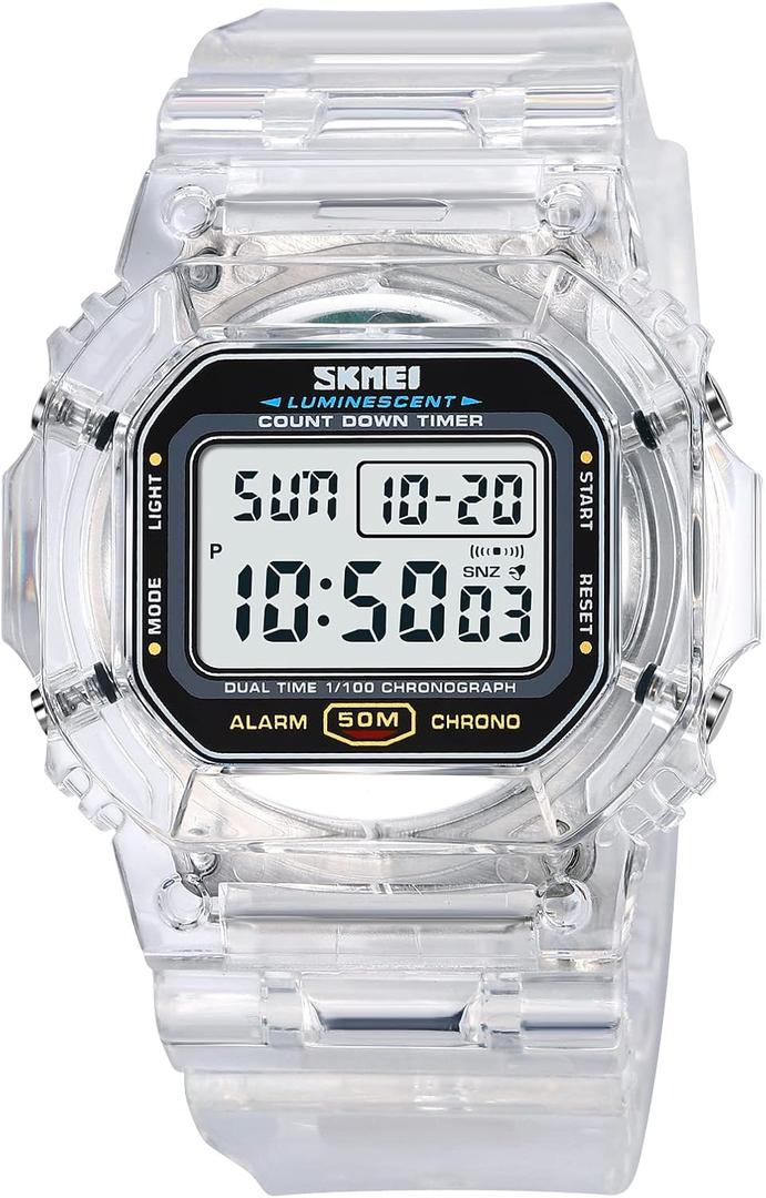 RNONDRY Womens Mens Digital Watch, Clear Waterproof Watches for Men, Women's Digital Watch for Boys Girls Wrist Watch with Date Alarm & Countdown (White)