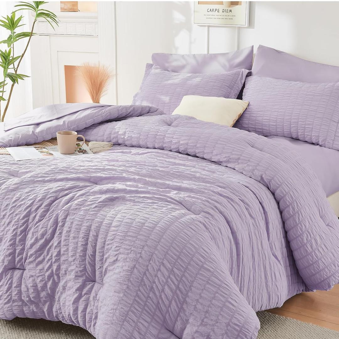 HYMOKEGE Lavender Queen Comforter Set Seersucker 7 Pieces, All Season Luxury Bed in a Bag for Bedroom, Bedding Set with Comforters, Sheets, Pillowcases & Shams
