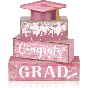 CroBlissful 4 Pcs Pink Graduation Table Decorations 2026 Graduation Tiered Tray Decorations Congrats Class of 2026 Wooden Block Centerpiece Sign Farmhouse Congratulate Gifts for Home Shelf Office