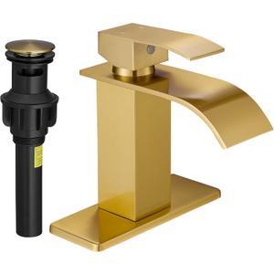 FRANSITON Brushed Gold Waterfall Bathroom Faucet Lavatory Single Handle 1 or 3 Hole Bathroom Sink Faucet with Deck and Pop-up Drain (Brushed Gold, Short)