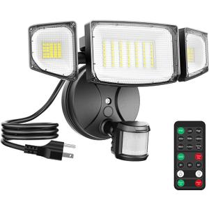 iMaihom 65W 6500LM Motion Sensor Outdoor Light, Plug In LED Security Lights 3 Heads Motion Detection Outdoor Light, Dusk to Dawn, IP65 Waterproof Flood Light with Remote Control for Yard Garage(Black)
