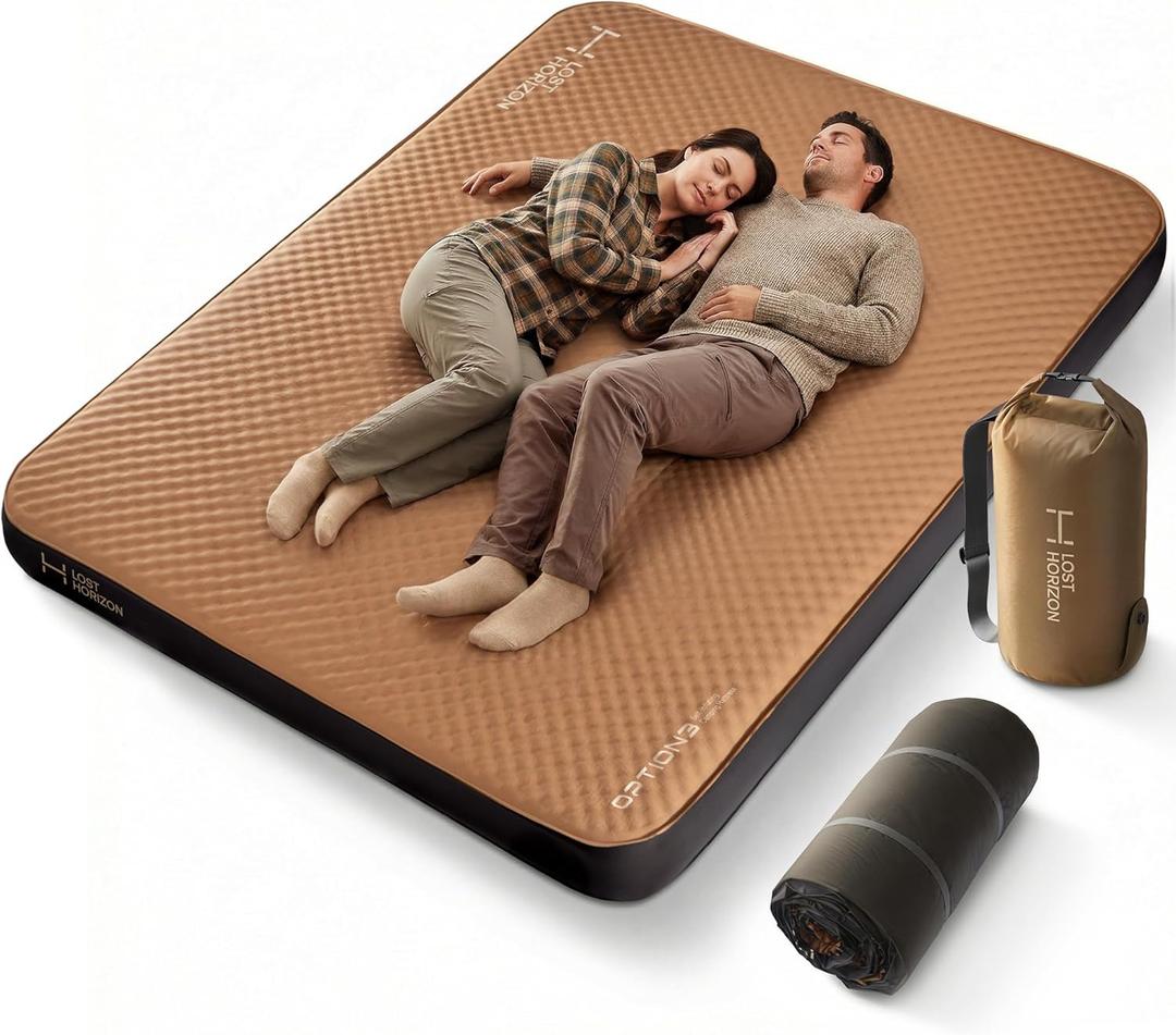 LOSTHORIZON Air & Foam Camping Mattress, Self-Inflating Sleeping Pad, 4.5" Thick, with Air Pump, Queen (Brown)